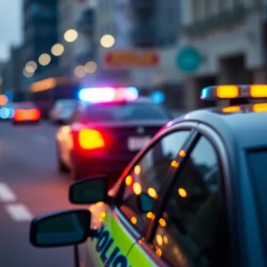 Police car with flashing lights at the scene of an incident