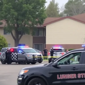 Police vehicles and tactical officers at an apartment complex during a standoff in San Antonio.