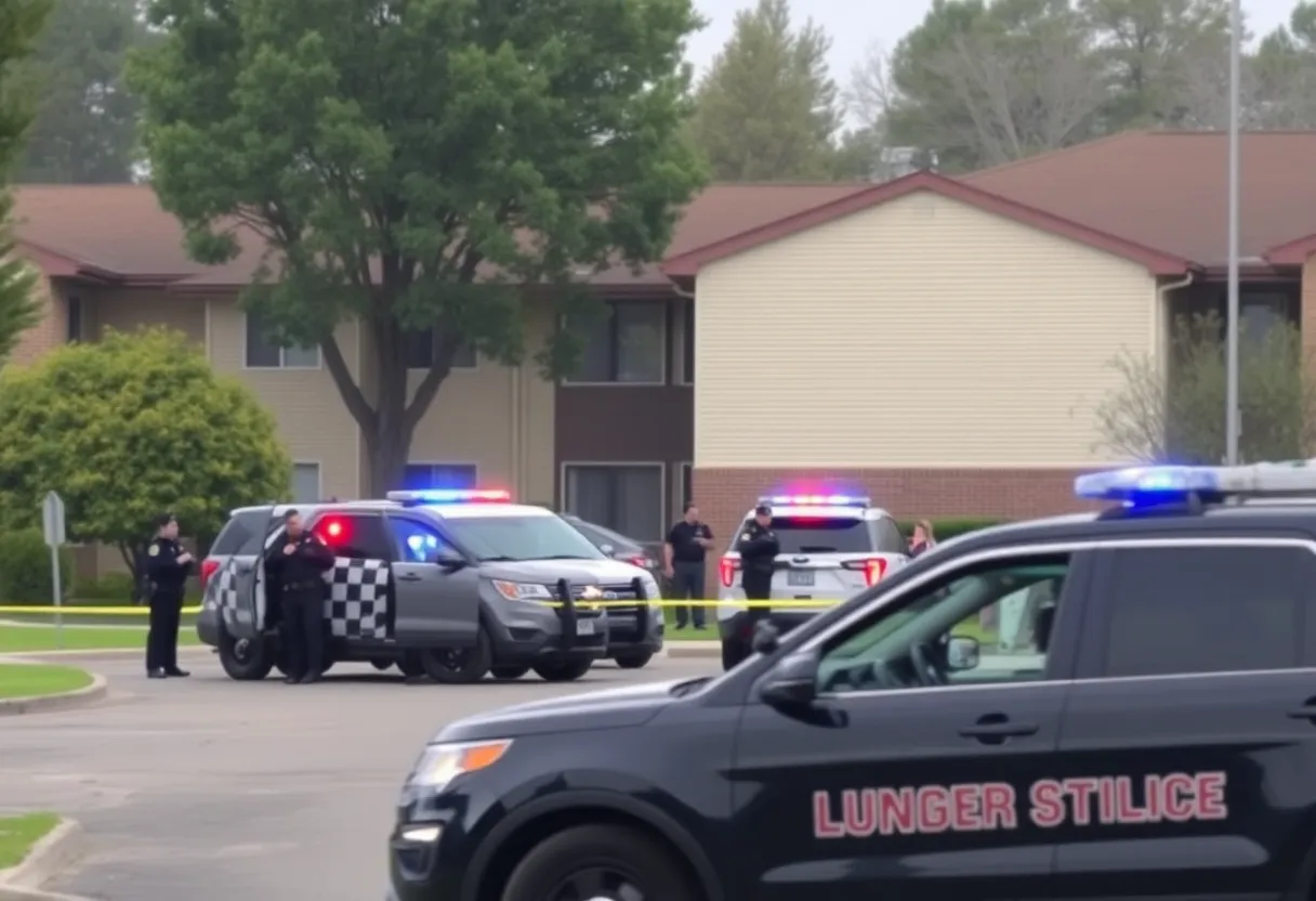 Police vehicles and tactical officers at an apartment complex during a standoff in San Antonio.