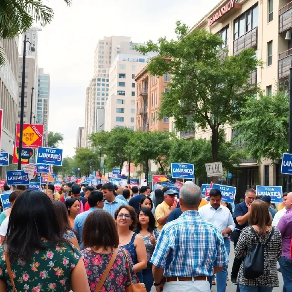 San Antonio cityscape during a political campaign.