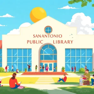 Exterior view of San Antonio Public Library with people reading outside