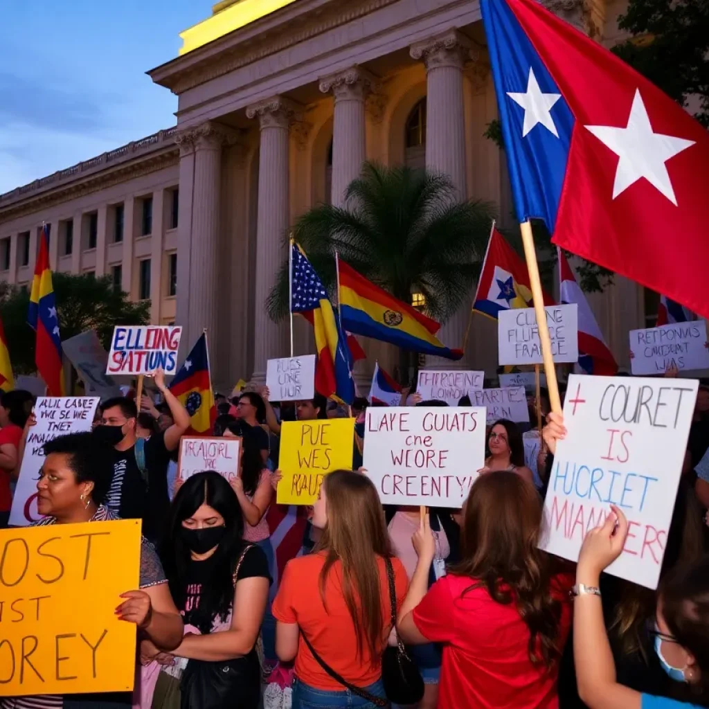 Protesters at a rally in San Antonio holding signs and flags.