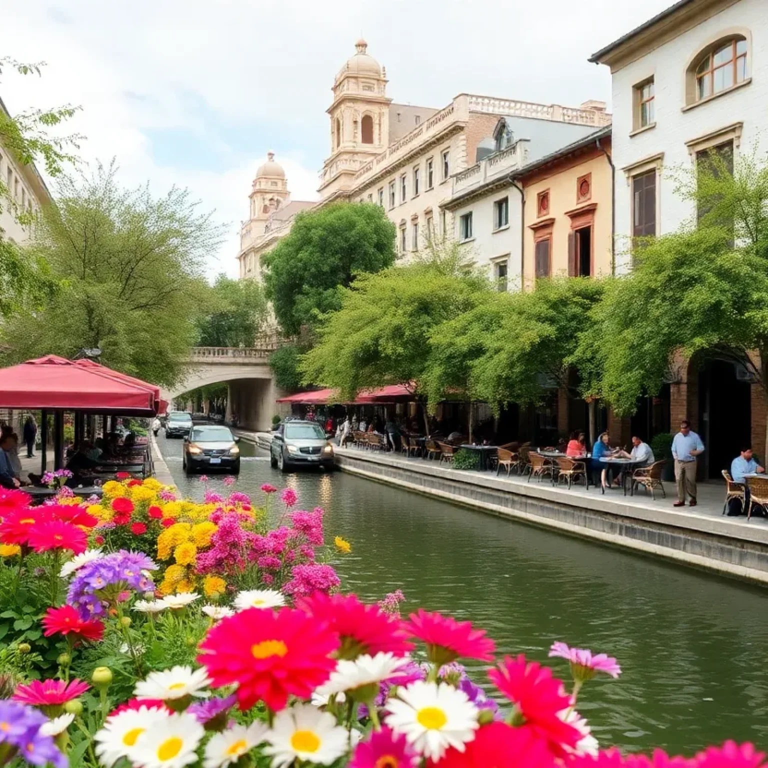 View of River Walk in San Antonio, Texas with diners and flowers.