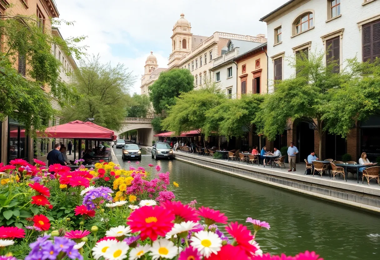 View of River Walk in San Antonio, Texas with diners and flowers.