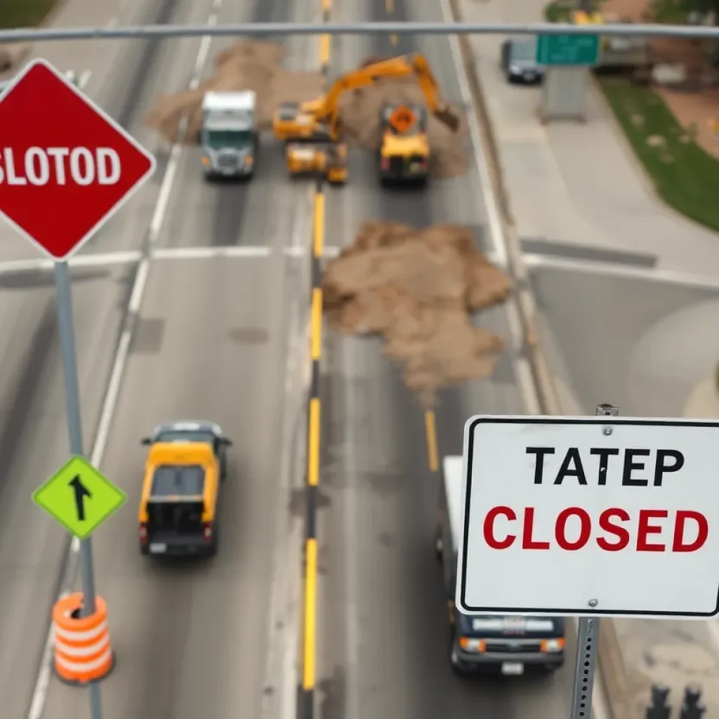 Road construction in San Antonio with heavy equipment and closed road signs.