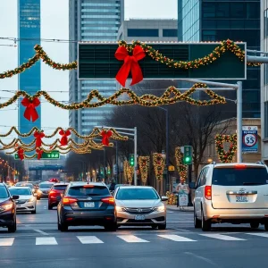 Holiday decorations in a busy urban intersection