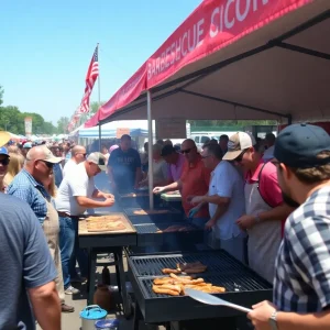 Crowd enjoying barbecue cookoff with grilling teams in San Antonio