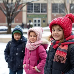 Students in warm clothing enjoying winter weather outside their school in San Antonio.