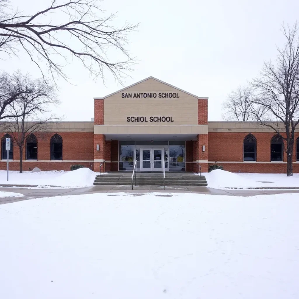 San Antonio school building surrounded by snow during winter