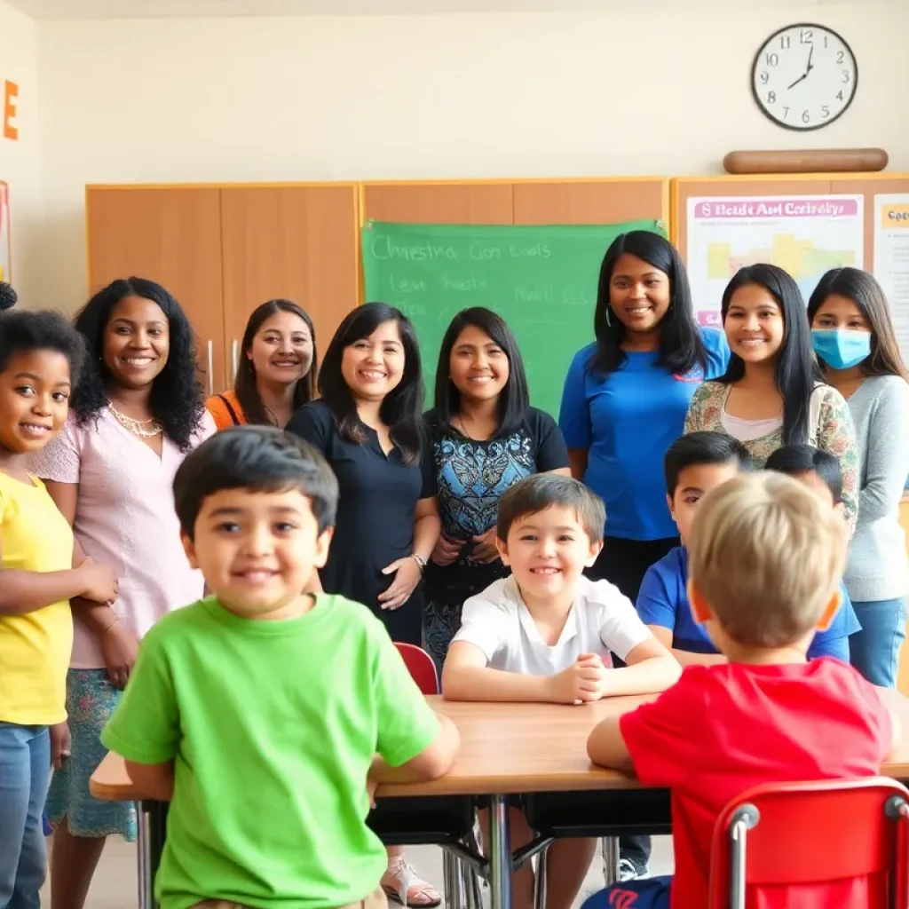 Diverse group of students in a school classroom in San Antonio.