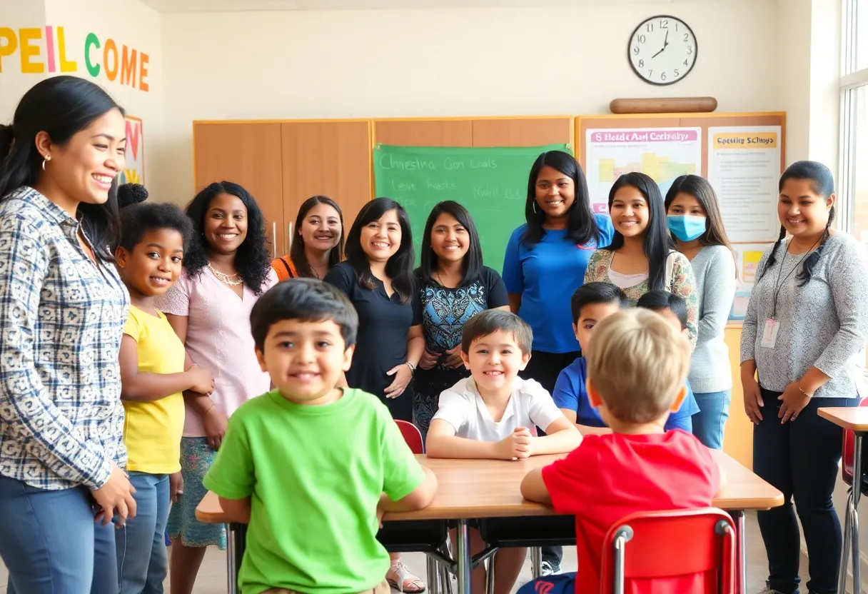 Diverse group of students in a school classroom in San Antonio.