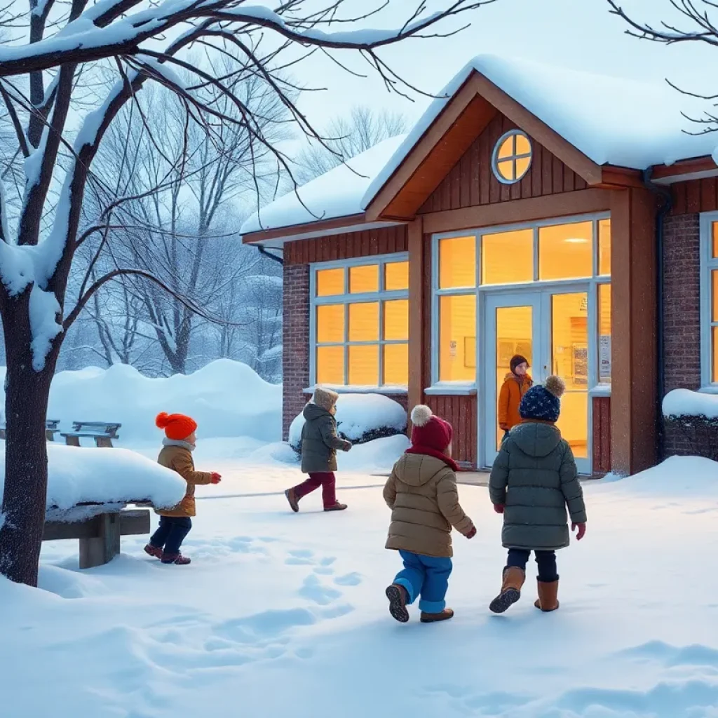 Winter scene of a school in San Antonio with children indoors