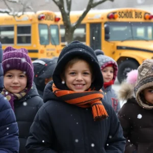 Students arriving at school in winter weather