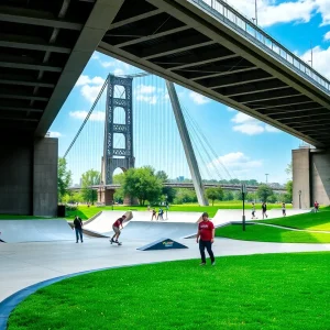 Skateboarders in a new skate park beneath Hays Street Bridge