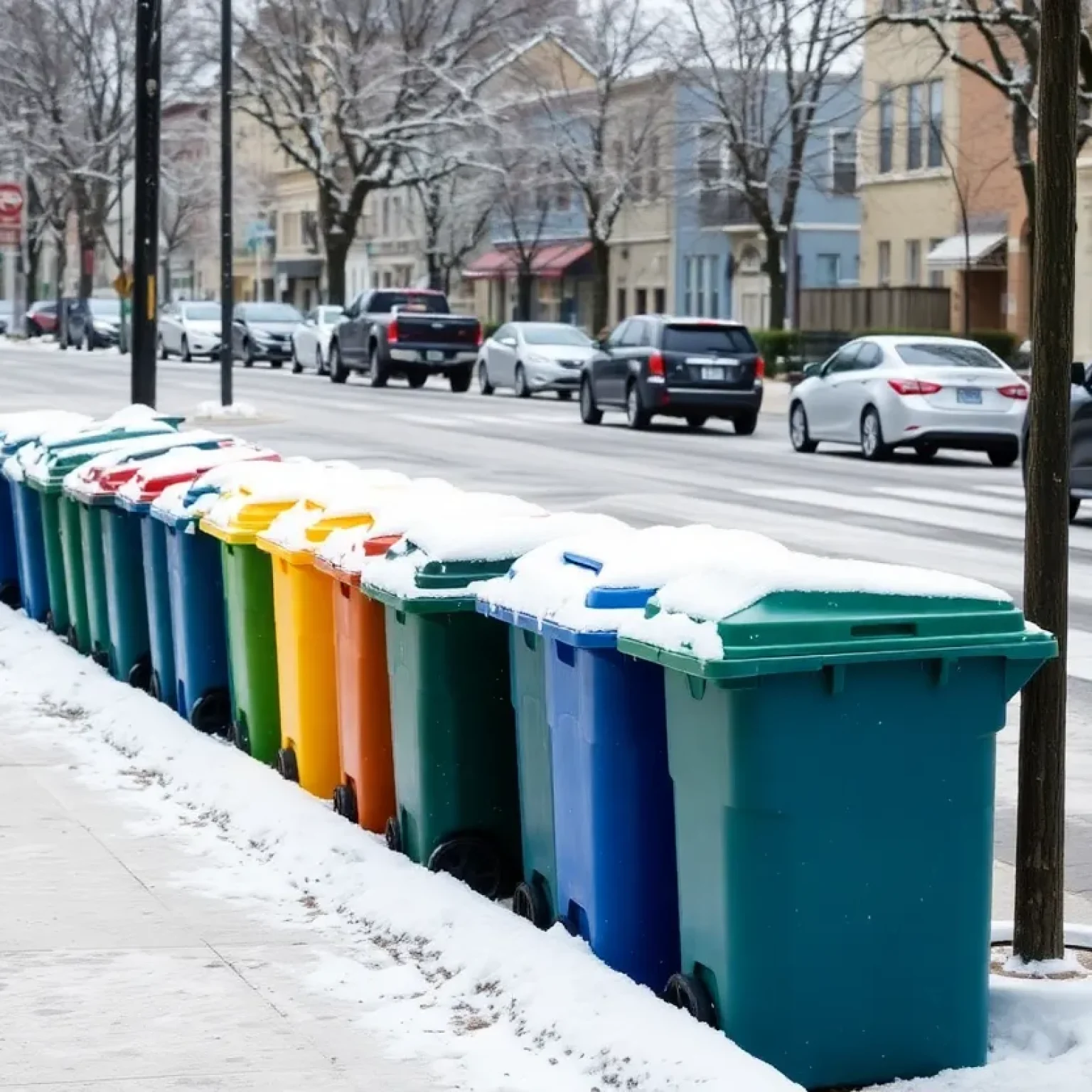 Trash bins on a snowy street in San Antonio