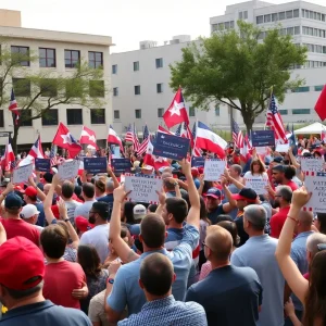 Crowd gathered in San Antonio celebrating Trump's inauguration with flags.