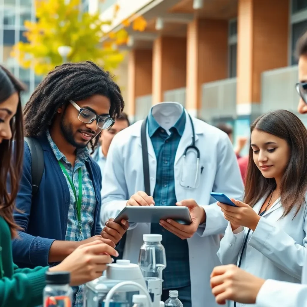 Diverse students collaborating on research at a university campus in San Antonio.