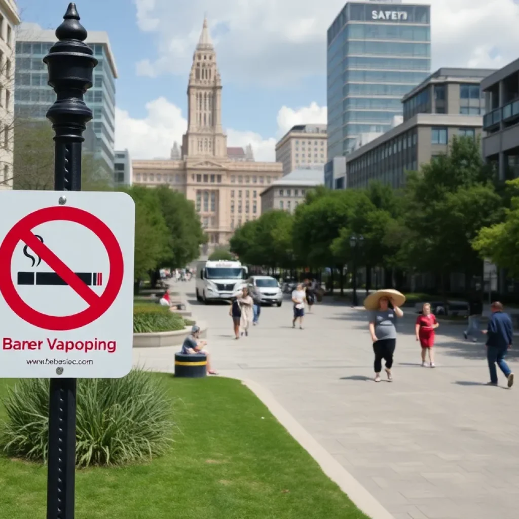 Clear signage indicating a vaping ban in San Antonio public spaces