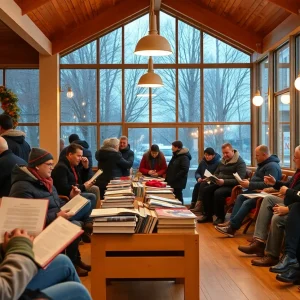 A warm community space filled with individuals seeking refuge from the cold in San Antonio.