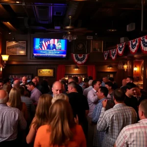 Crowd at a bar in San Antonio watching the Trump inauguration on TV.