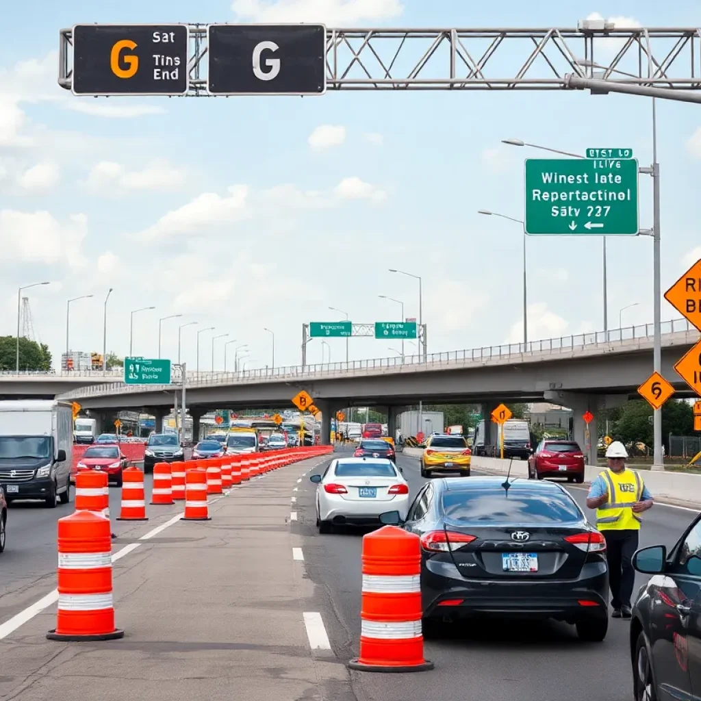 Construction on Loop 1604 with traffic cones and law enforcement managing vehicles.