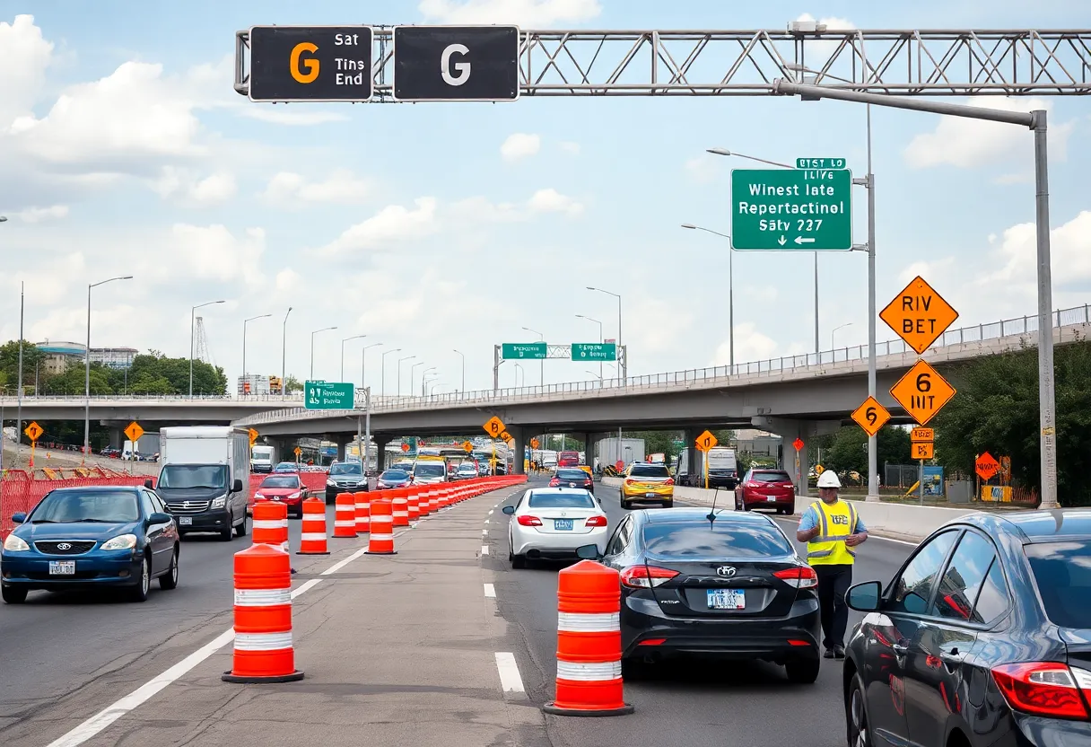 Construction on Loop 1604 with traffic cones and law enforcement managing vehicles.