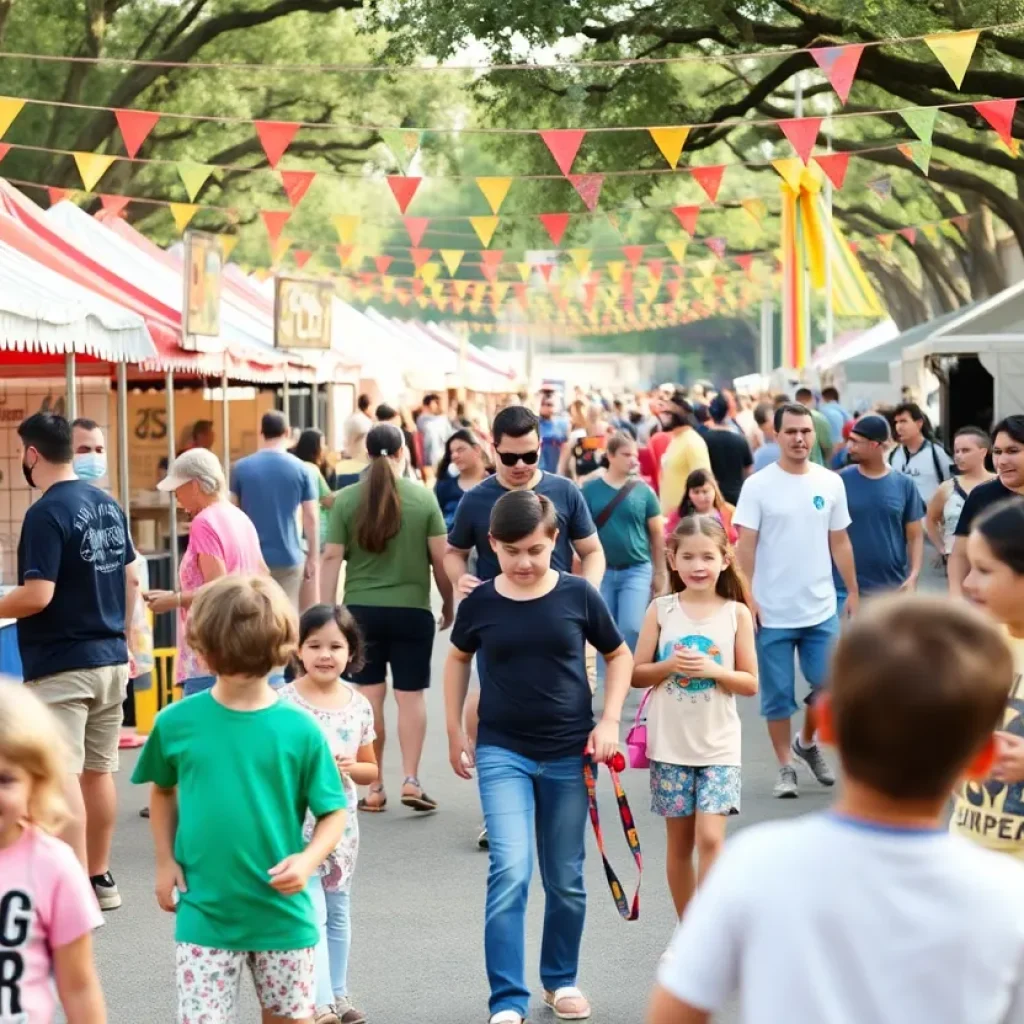 Families enjoying a festival in San Antonio with booths and performances.