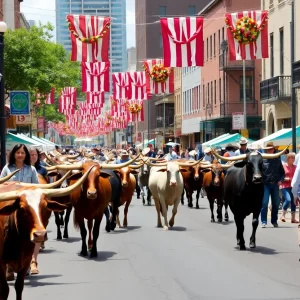 A lively scene of the Western Heritage Festival in San Antonio with cattle and festival-goers.