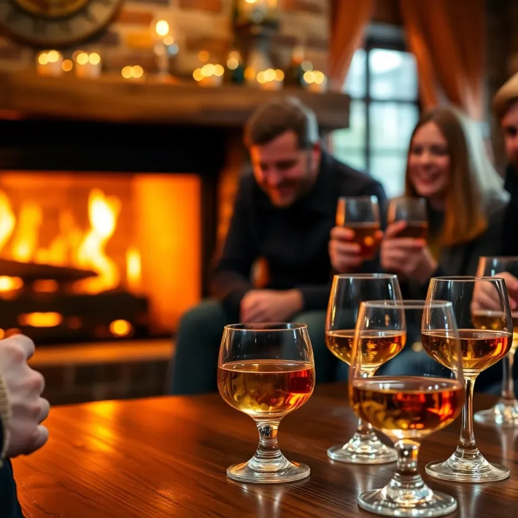 Participants enjoying a whiskey tasting event in San Antonio with a cozy ambiance.