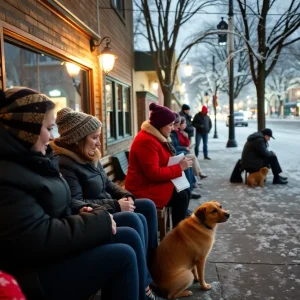 A winter scene in San Antonio with people and pets staying warm.