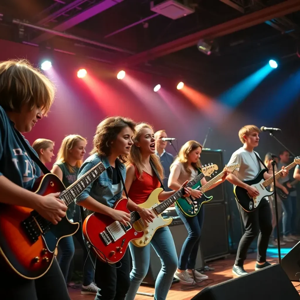 A lively musical performance by young actors in a theater.