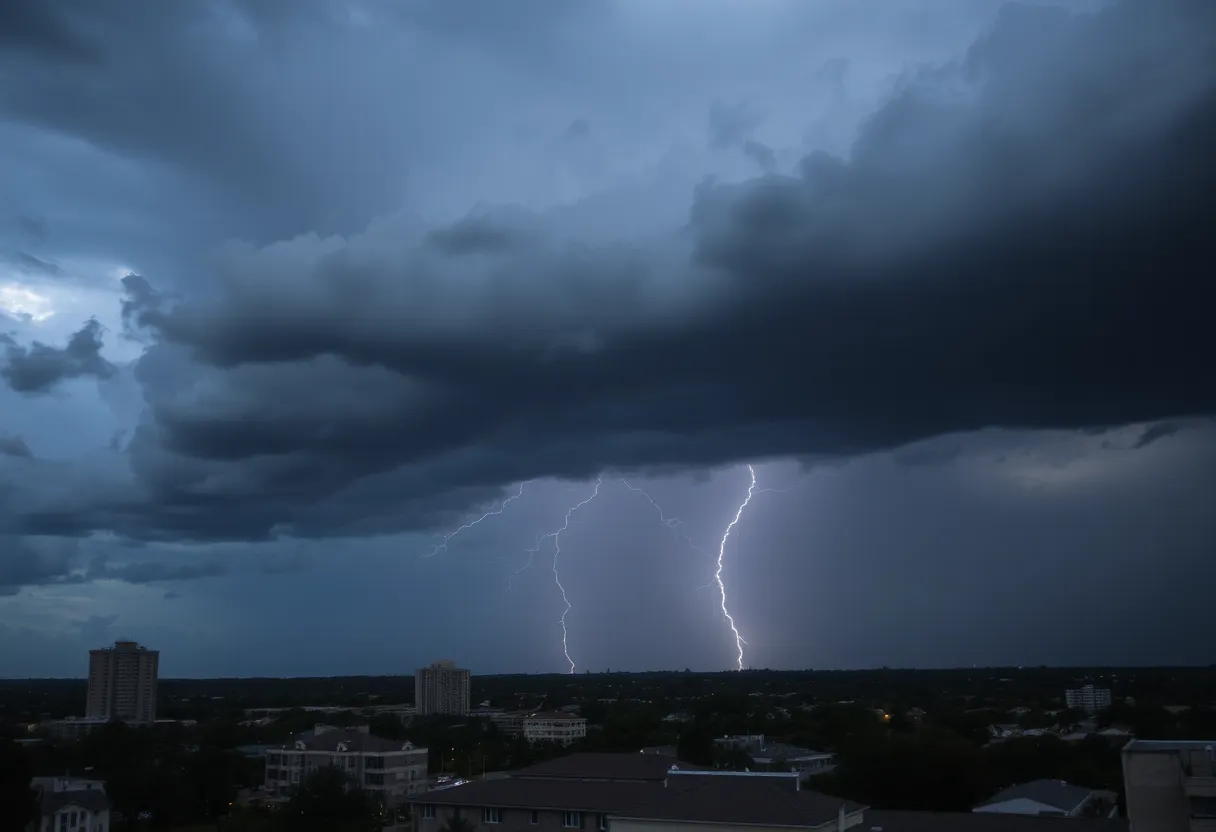 Dark storm clouds and lightning over San Antonio