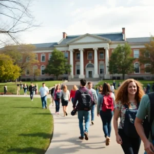 A scenic view of the SMU campus with students and historic buildings.