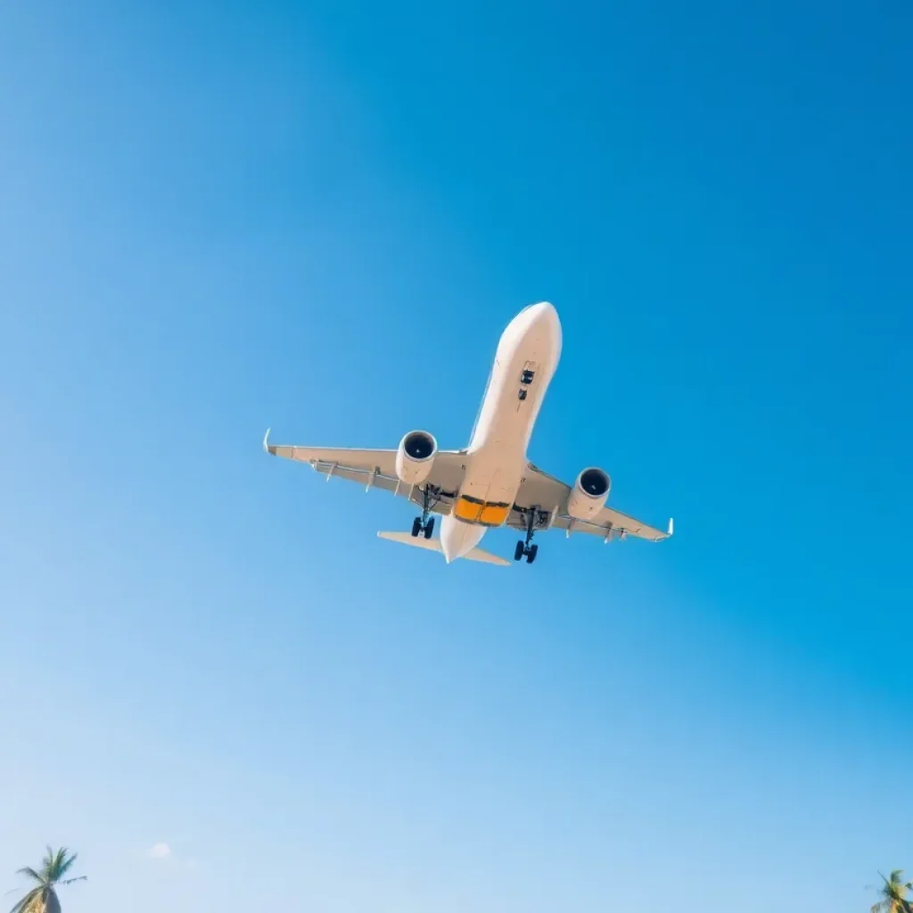 Airplane taking off with a tropical background