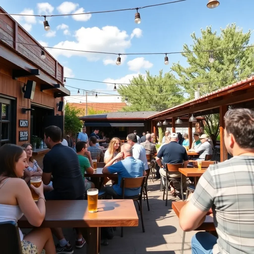 Outdoor patio of Stout House beer bar in Austin with people enjoying drinks.