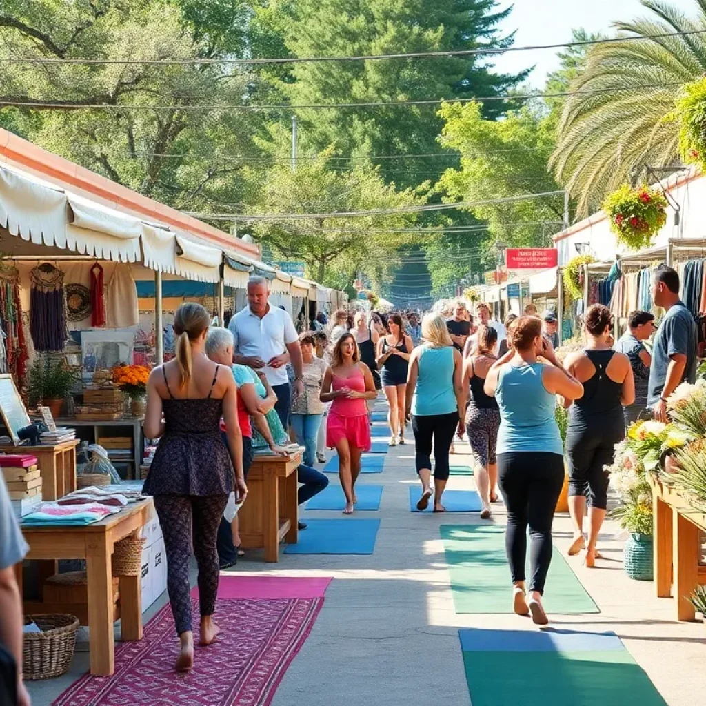 Bustling outdoor market in San Antonio with local vendors and yoga classes