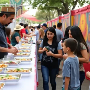 Families enjoying the Taco Museum celebration with various taco dishes and art displays