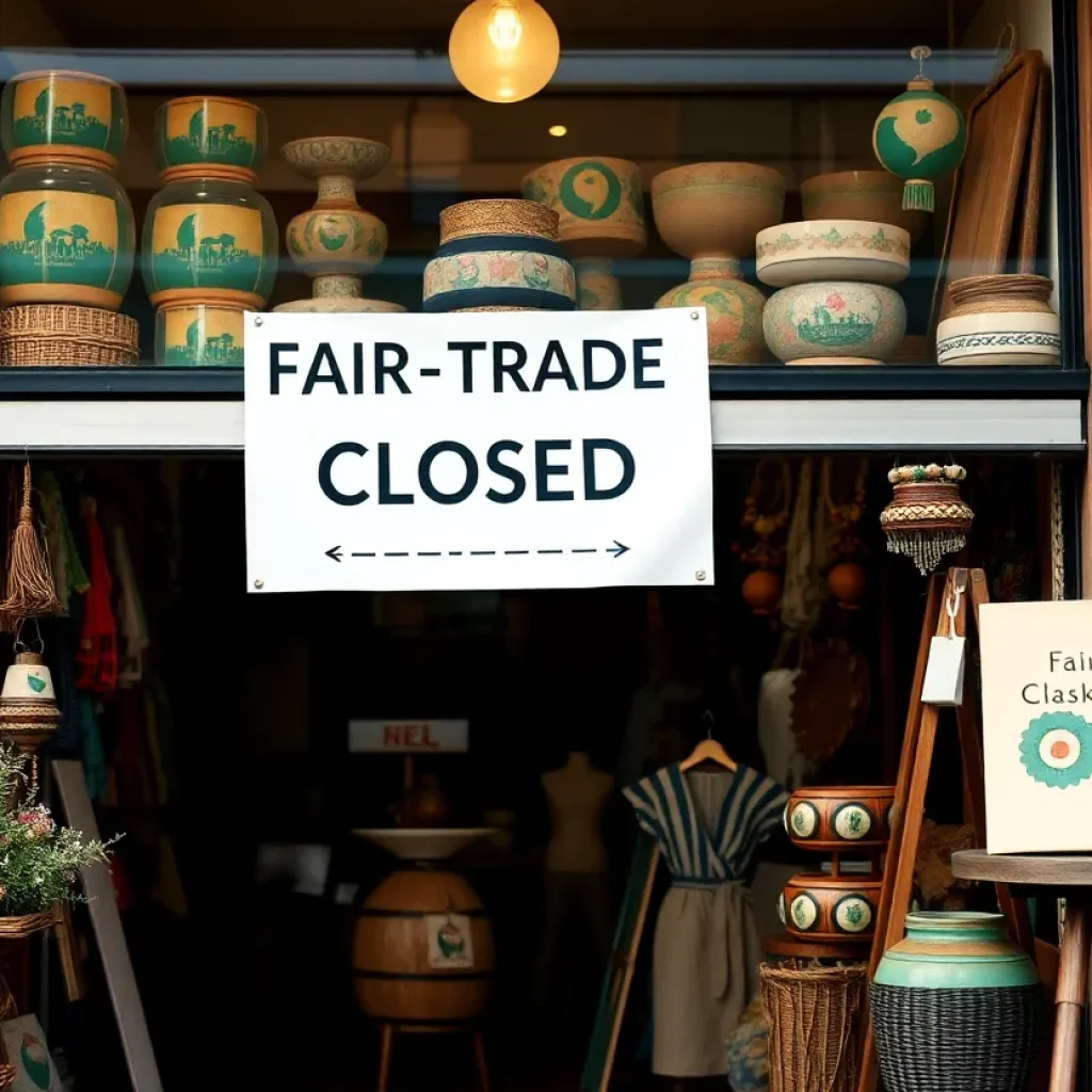 Sign indicating closure of Ten Thousand Villages store with handmade goods displayed