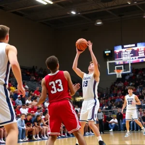 Players competing in a Texas high school basketball game