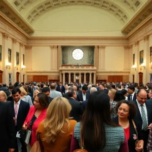 Texas State Capitol with lawmakers during the legislative session