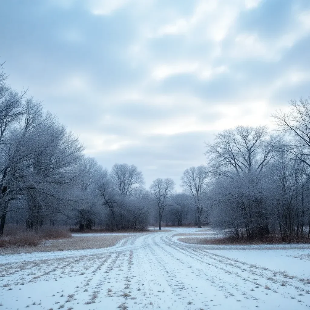 Chilly winter landscape in Texas with frost-covered trees