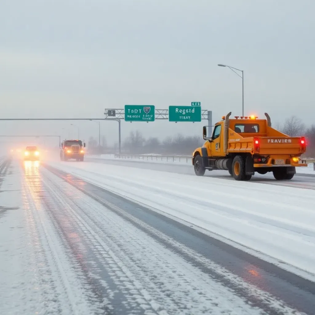 TxDOT crew applying brine to icy roads in Texas during a winter storm