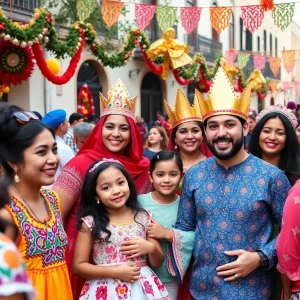 Families enjoying a lively Three Kings Day celebration with reenactments and decorations in San Antonio.