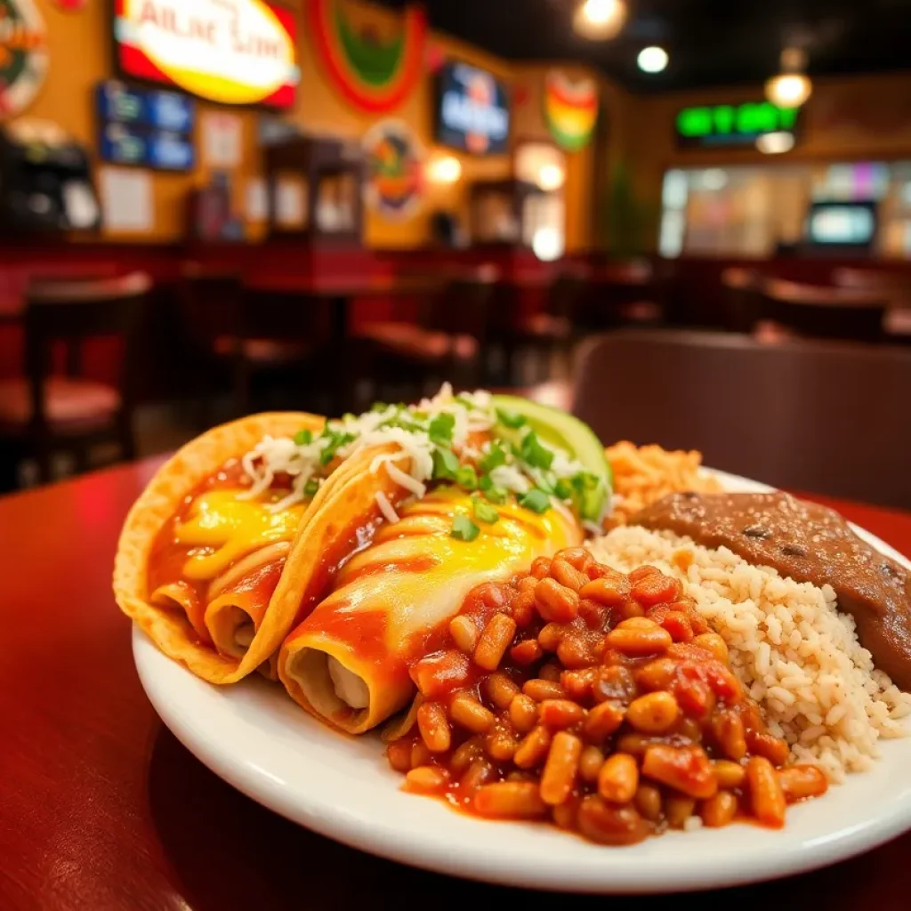 Delicious 99-cent enchilada plate from Tia's Taco Hut, showcasing cheese enchiladas with rice and beans.