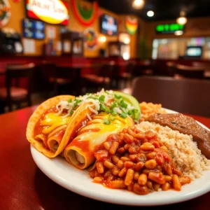 Delicious 99-cent enchilada plate from Tia's Taco Hut, showcasing cheese enchiladas with rice and beans.