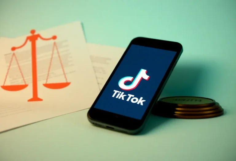 Illustration of TikTok app on smartphone with legal symbols.