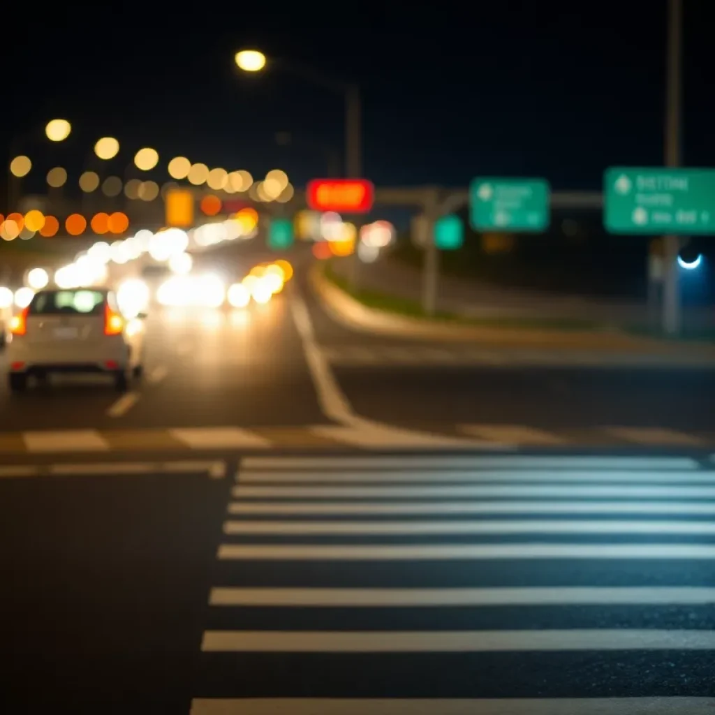 An unmarked crosswalk on a busy highway at night