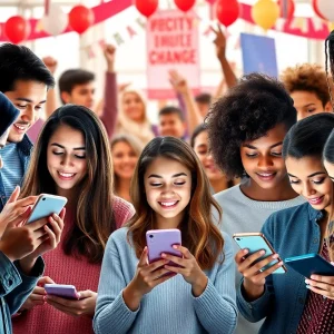 Diverse group of young individuals celebrating the delay of the TikTok ban with smartphones.