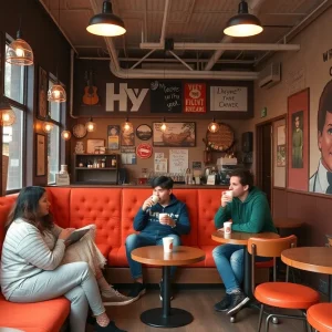 Students relaxing in Union Perk coffee shop with orange couch and mural