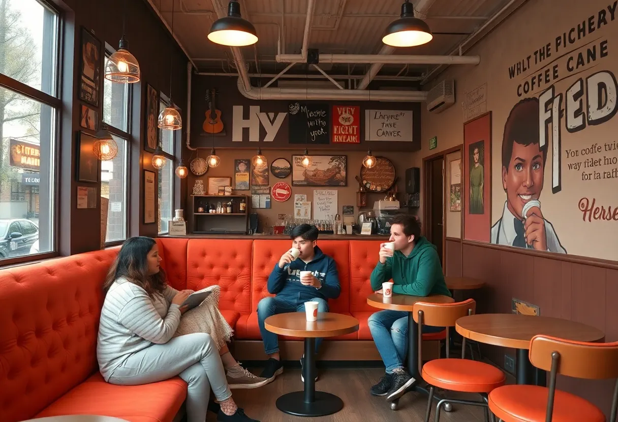 Students relaxing in Union Perk coffee shop with orange couch and mural